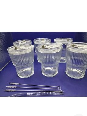 Clear Ribbed Glass Cups with Lids and Straws - Set of 6